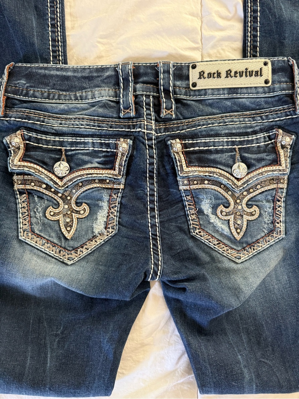 Rock Revival Dark Blue Boot Cut Jeans with Embroidered Pockets